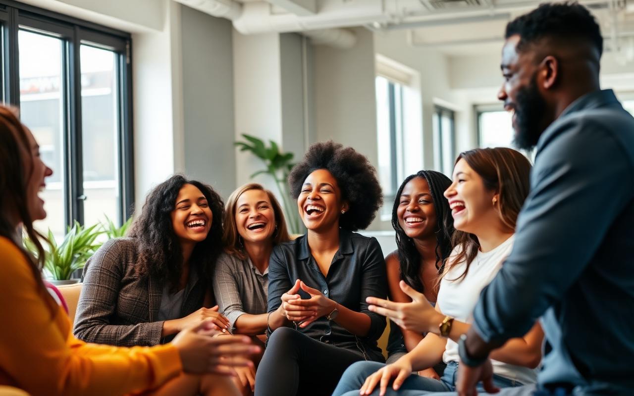 Diverse team laughing together in an office lounge